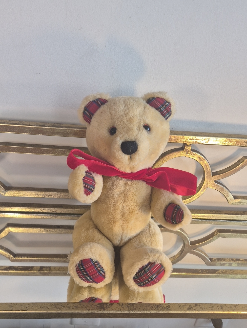 1984 Dakin Teddy W/Plaid Paws & Ears Plush, 12", Tan.